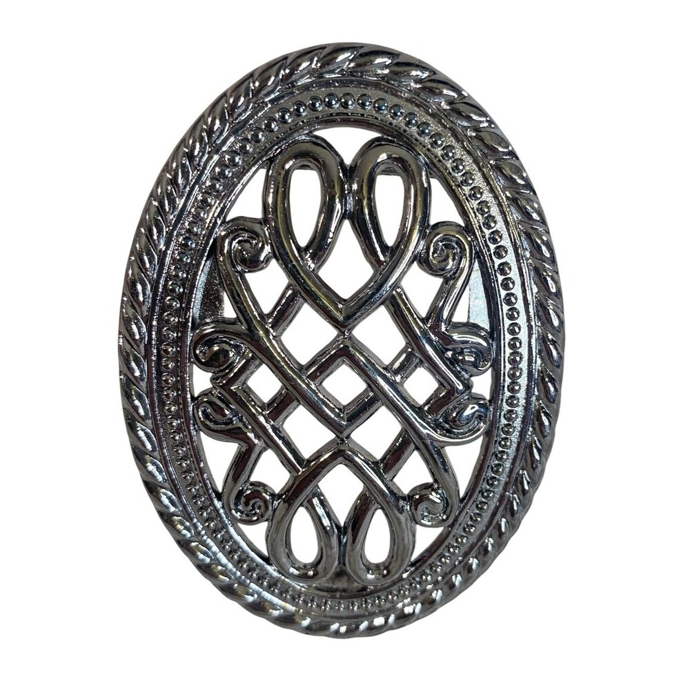 Silver Toned Oval Belt Buckl Celtic Knot Pattern Braided Frame Interlaced Metal